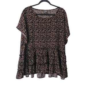 ARULA Ditsy Floral Tiered Ruffle Babydoll Tunic 1X Boho Short Sleeve Top